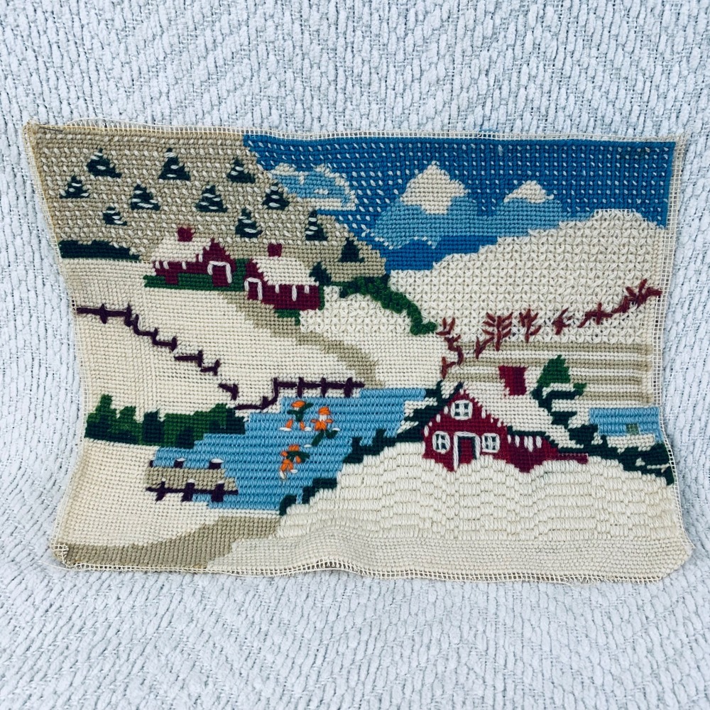 Handmade Needlepoint Winter Village Scene Farm Red Barn Snow Folk Art Tapestry